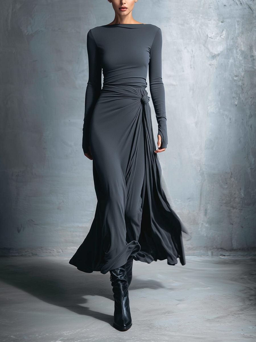 Robes maxi pour femmes en gris - Robe portefeuille ornée