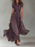 Flavia - Robe longue violette avec découpe en forme de goutte et bordure en dentelle de soie