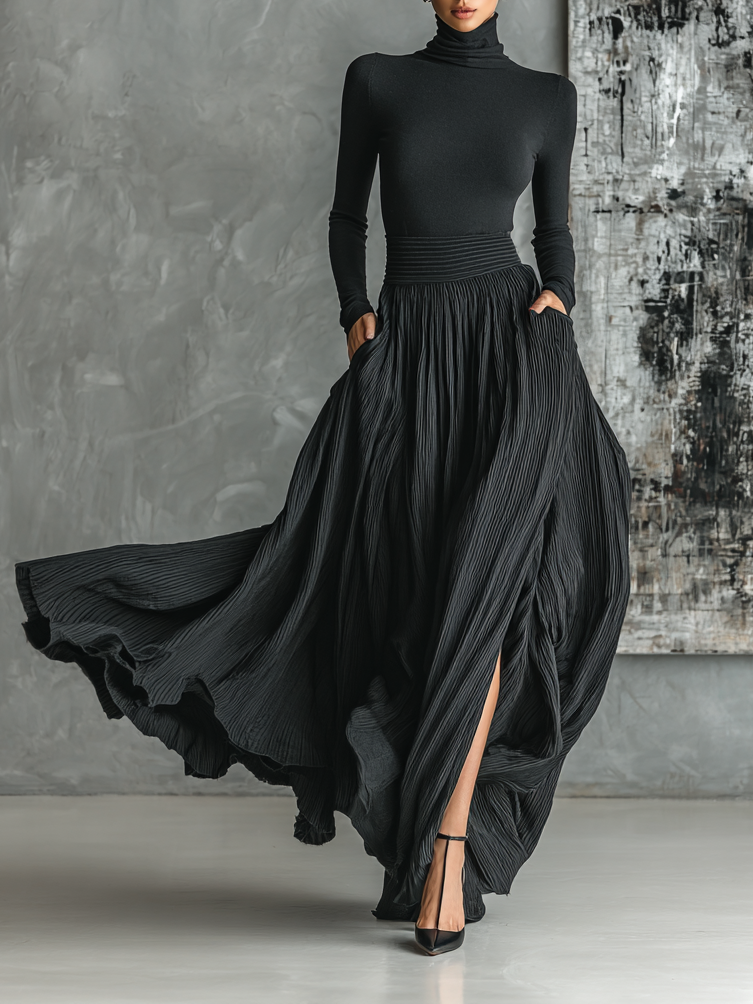 Ensemble t-shirt à col montant et robe plissée pour femmes en noir MDA1366H1Y