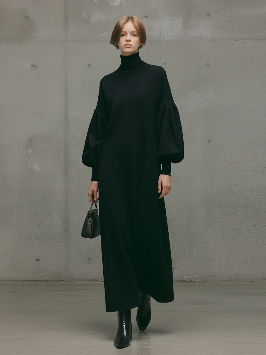 Robe maxi moderne pour femmes avec col roulé noir et manches bouffantes MDA1503L6AU