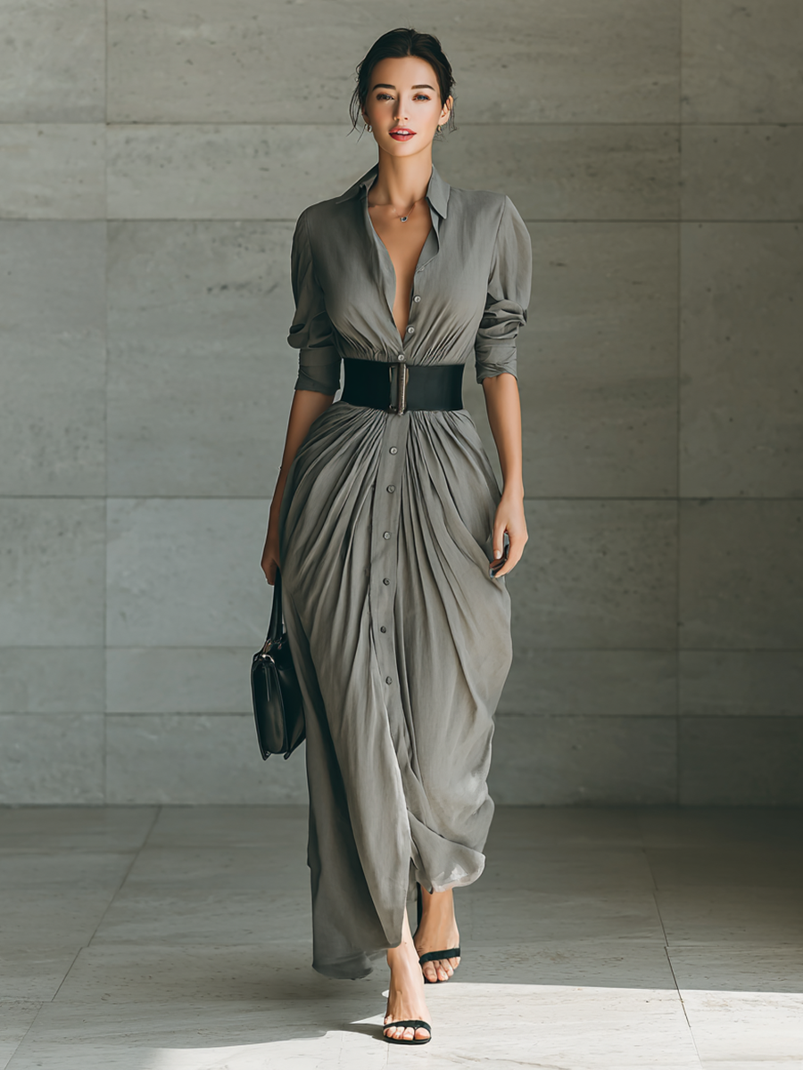 Robe maxi avec col en V et manches longues pour femmes MDA1758G1Y