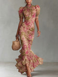 Fiore - Robe longue avec imprimé vintage de roses et manches bouffantes