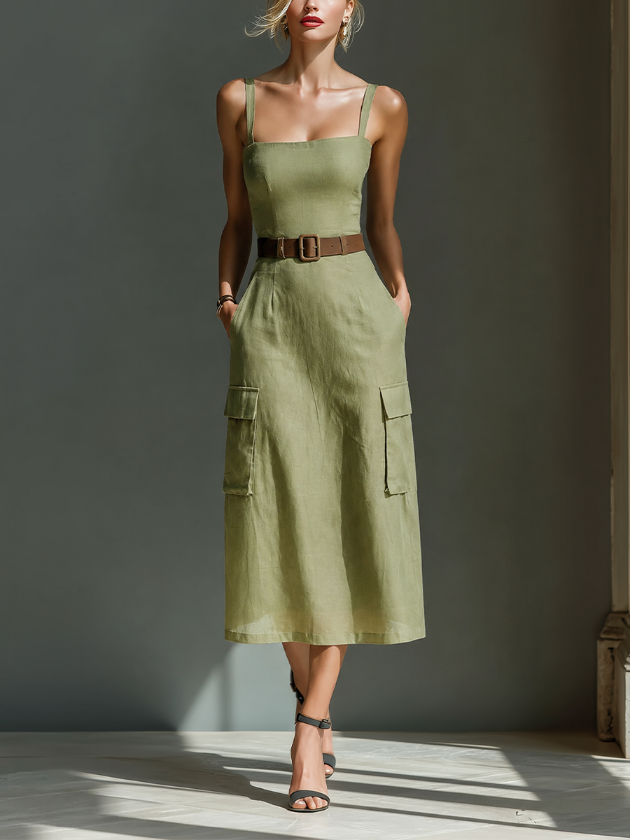 Robe mi-longue pour femmes en vert olive en lin sans manches avec poches cargo et taille avec ceinture MDZ2753A1T