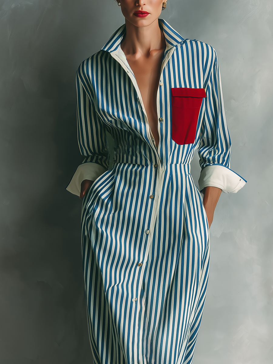 Robes chemises rayées en bleu et blanc pour femmes avec poche poitrine rouge MDZ1286C2T
