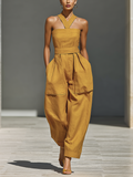 Ensemble femme couleur moutarde avec col croisé et pantalon ample MDZ2808B6T