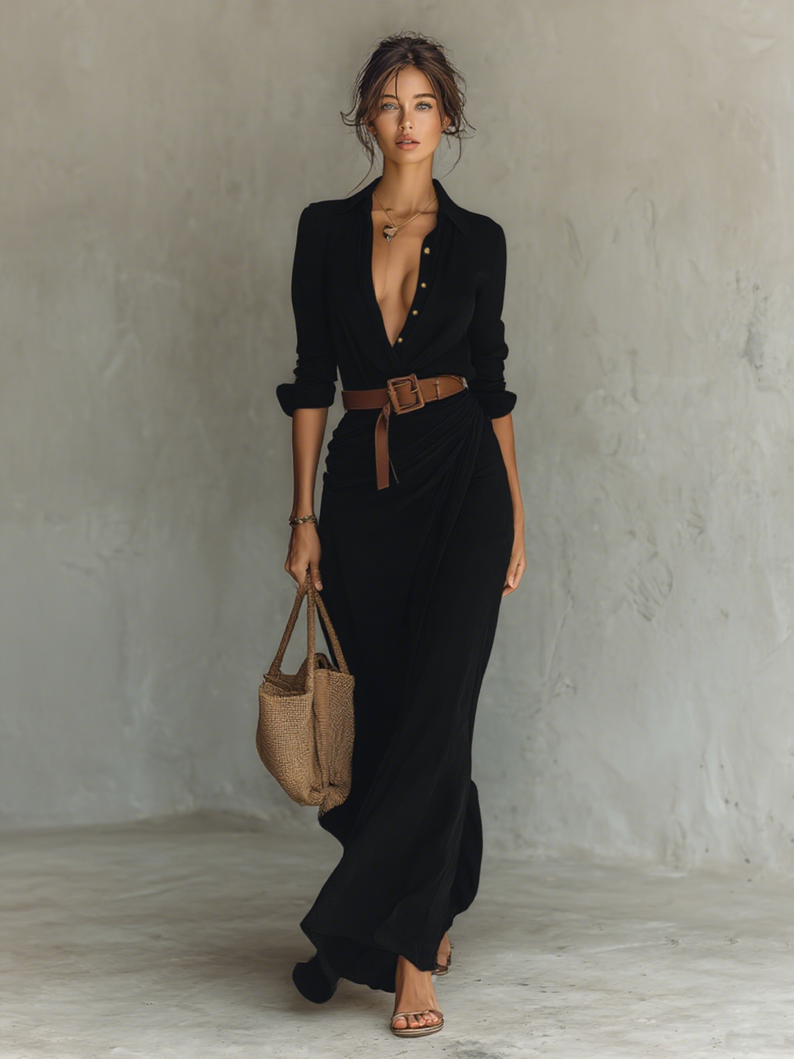 Robe maxi longue avec col revers et manches longues pour femmes