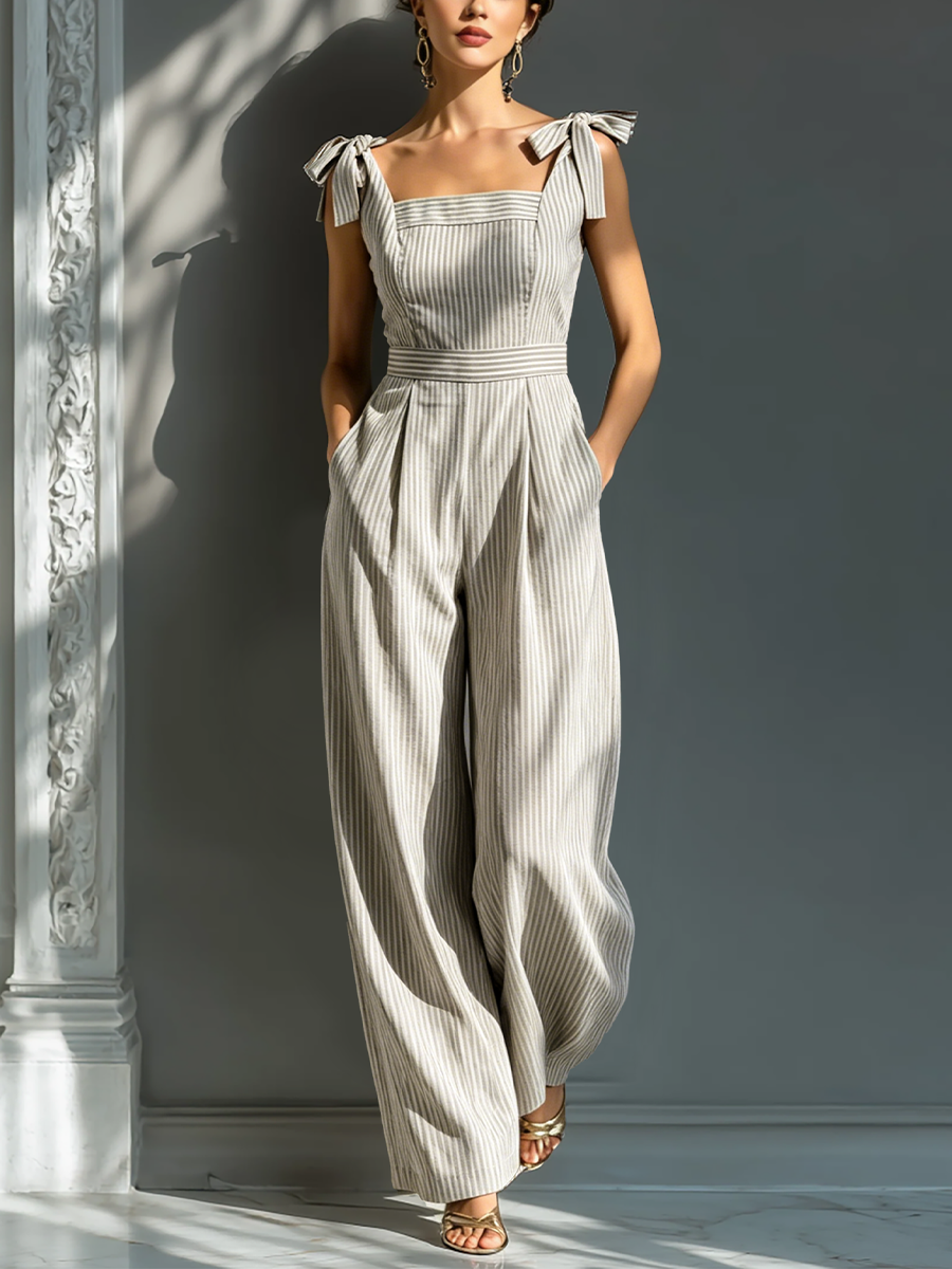 Ensemble femme en beige et blanc avec des rayures en lin, col carré et liens à nouer MDZ2733B8T