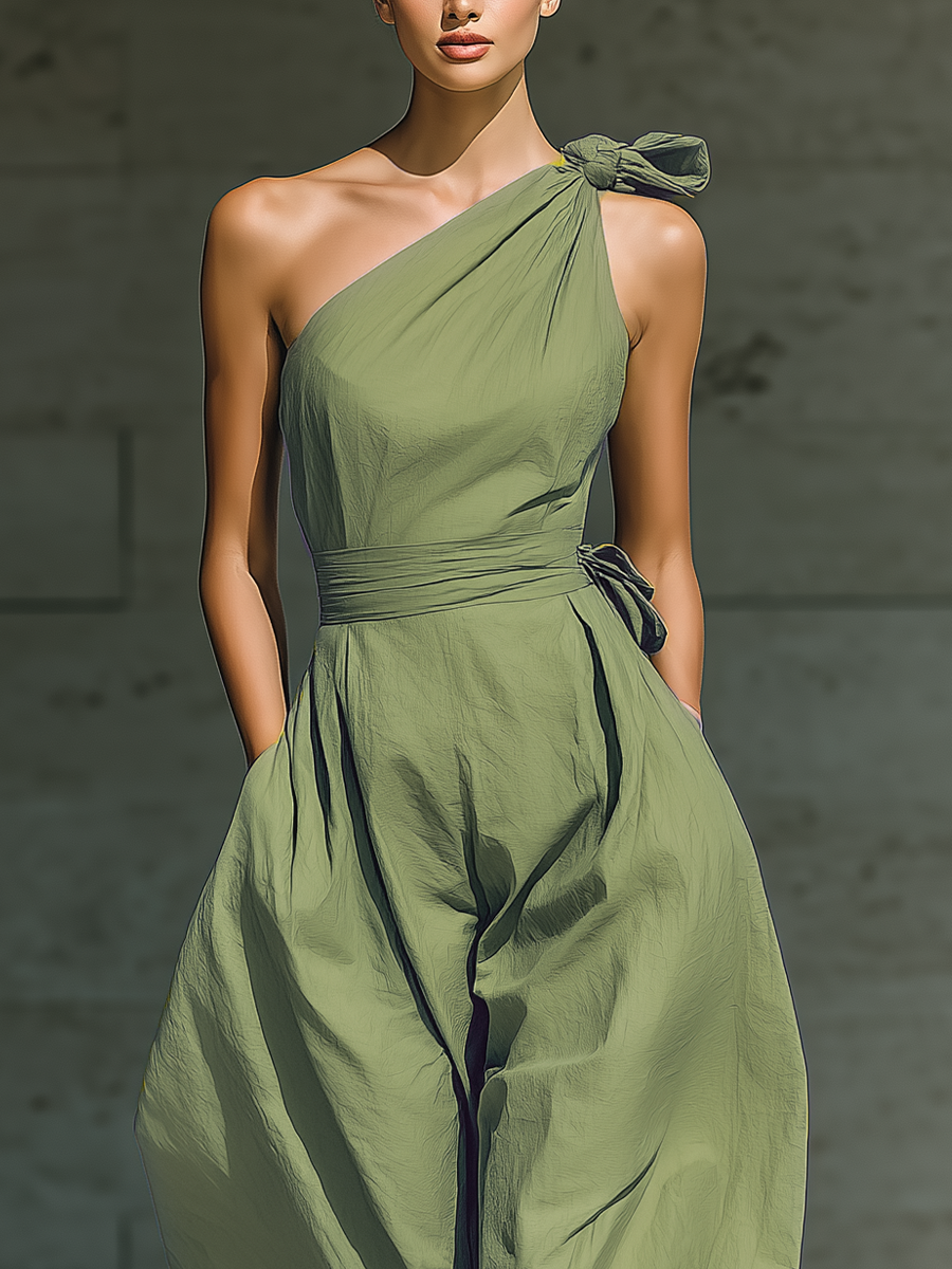 Robe jumpsuit à une bretelle et jambes larges de couleur vert clair pour femmes avec taille à nouer MDZ3136A8T