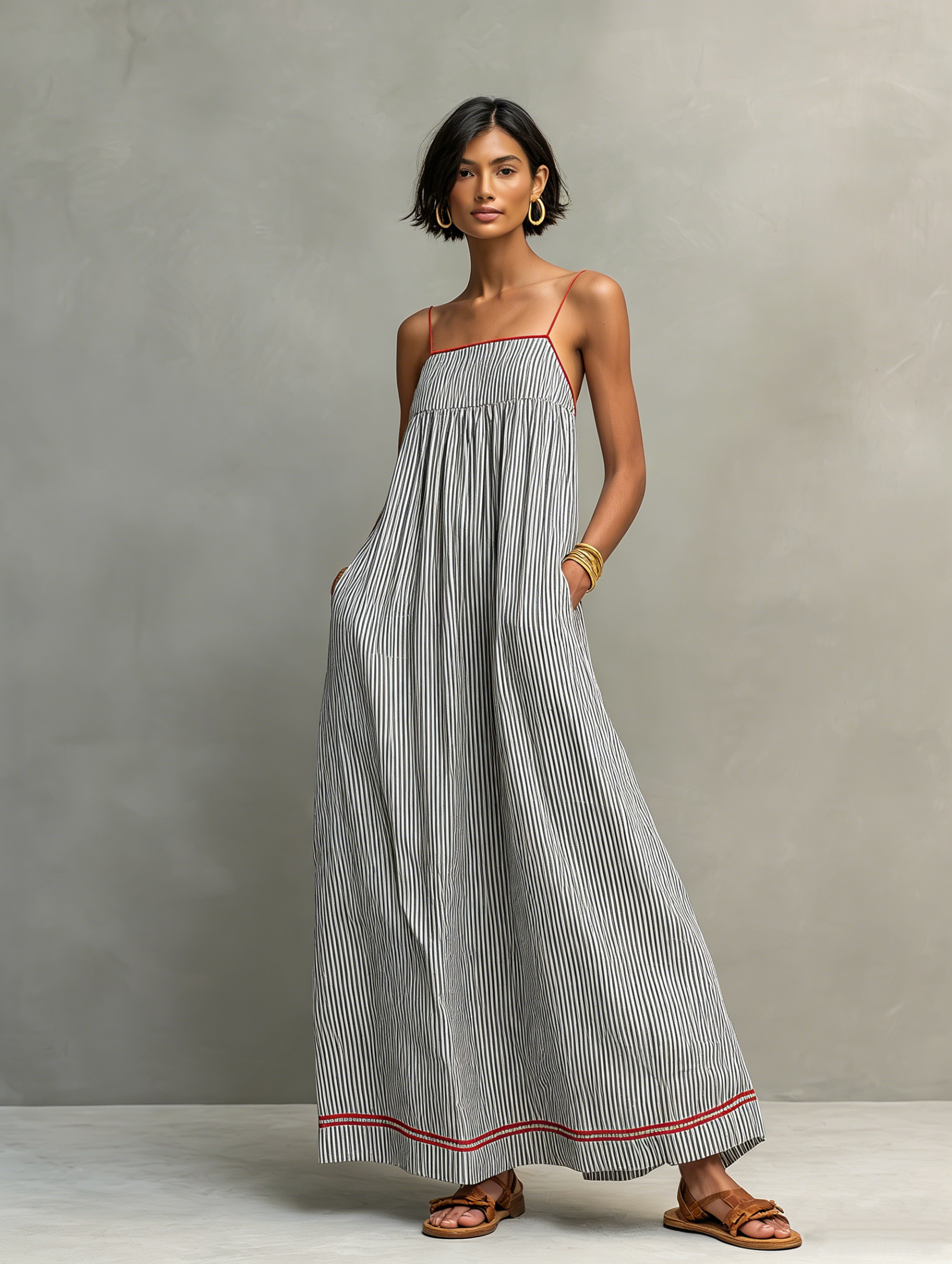 Robe maxi rayée minimaliste pour femmes avec bords rouges et bretelles spaghetti MDZ2710C3Y