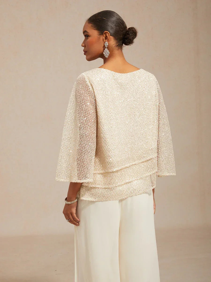 Top en tulle à plusieurs couches avec paillettes et manches en forme de cloche