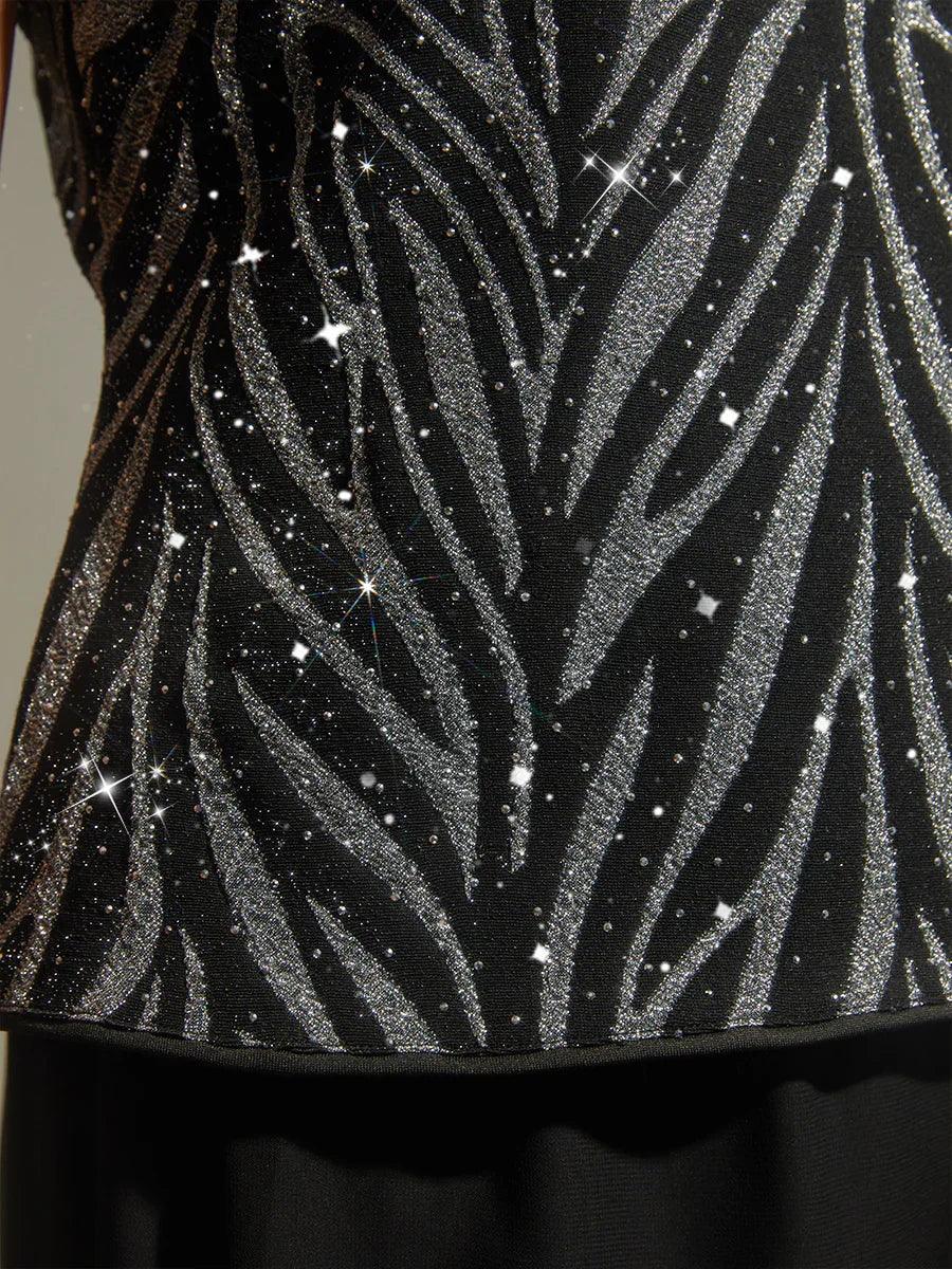 Twinset avec col mandarine et motif zèbre orné de diamants