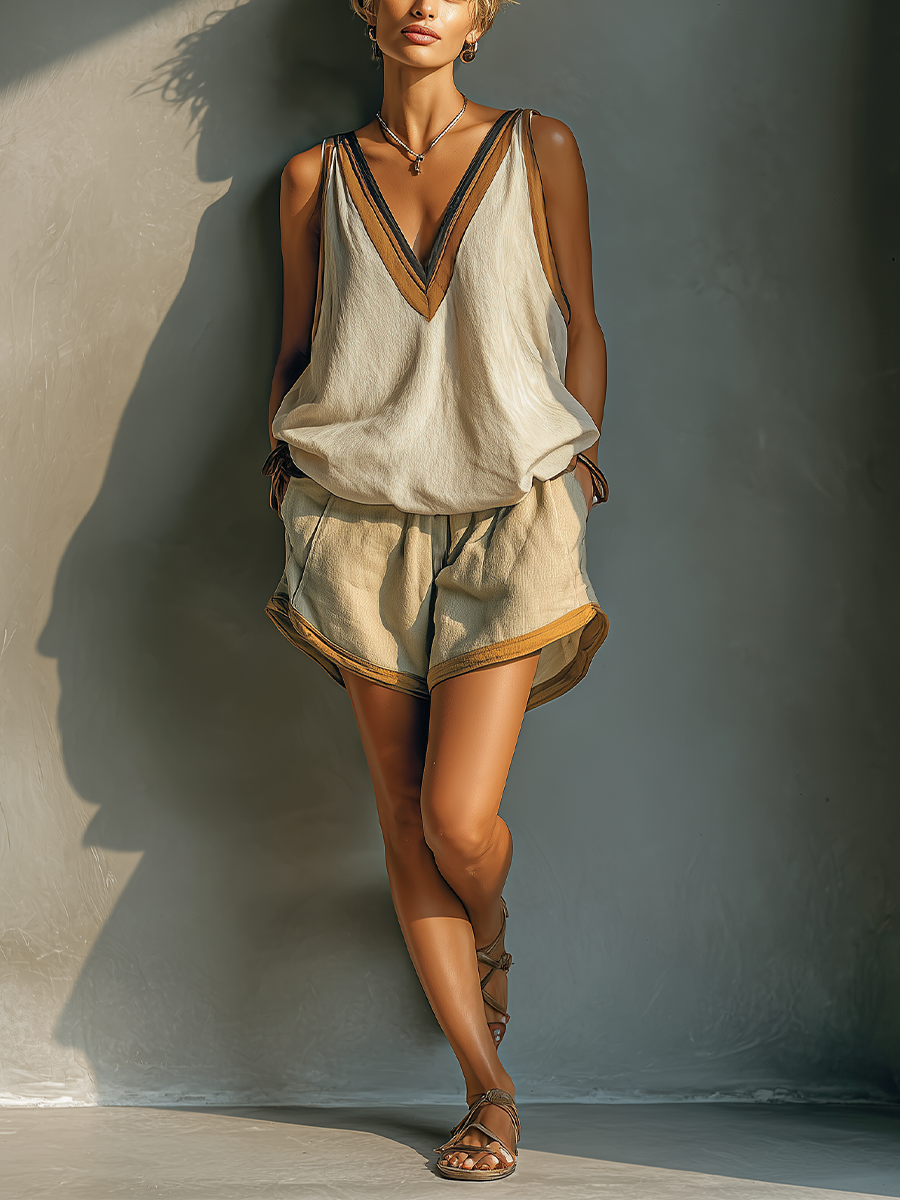 Ensemble de deux pièces : top tank à col V et jupe kaki pour femmes en couleur beige MDZ2086C2T