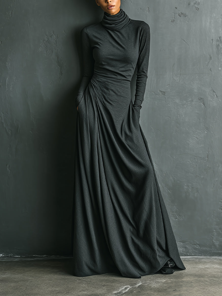 Robe maxi femme couleur anthracite avec col haut en tissu polyester-coton élégant MDA1727J1I