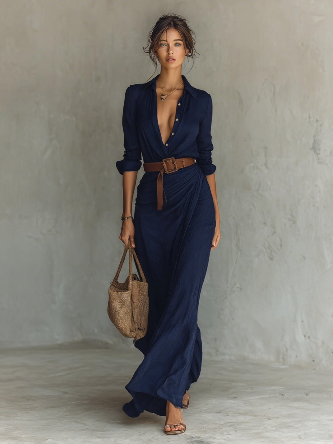 Robes maxi longues avec col et ceinture incluse