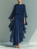 Chemisier en chiffon pour femmes en bleu Navy avec des manches évasées et un pantalon droit avec des détails plissés MDZ2218A5T
