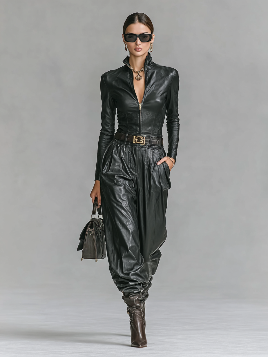 Ensemble chemise et pantalon en cuir PU pour femmes avec fermeture éclair et col montant (sans ceinture) MDA2743H0Y