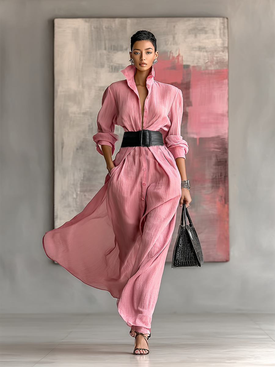 Robe maxi à col et manches longues pour femmes en couleur unie MDA0917G0Y