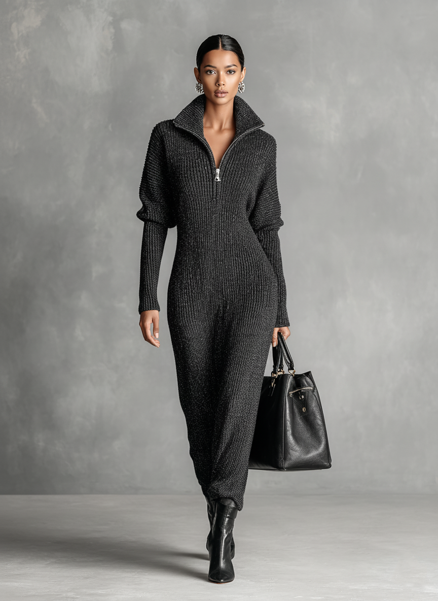 Robe maxi tricotée avec fermeture éclair de couleur unie pour femmes MDA1633J4Y