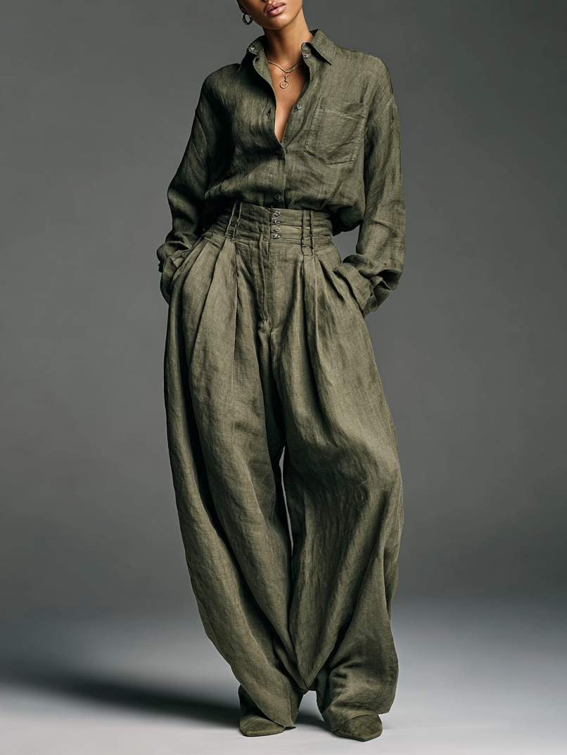 Ensemble double pour femmes en tissu de coton et lin avec un haut long et un pantalon large