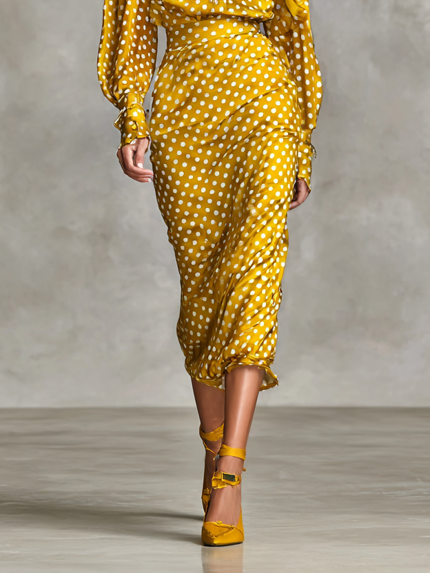 Ensemble chemise et jupe en soie vintage avec imprimé à pois pour femmes (sans écharpe) MDA3073G0Y