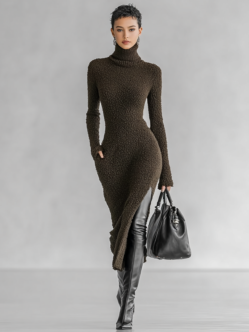 Robe midi femme avec col montant, découpe latérale, style ajusté, lin doux MDA1401J4Y