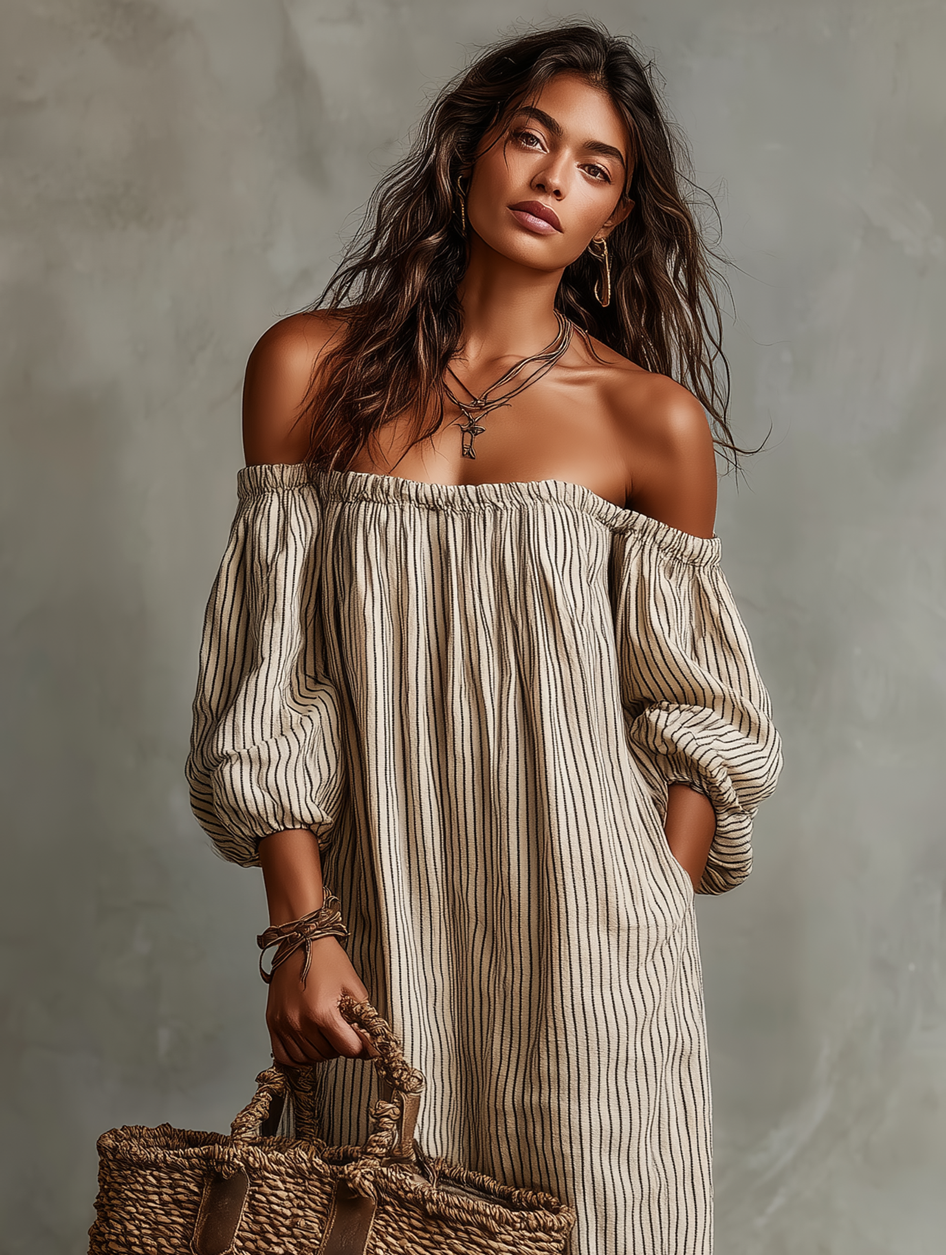 Robe maxi longue avec manches longues et épaule dénudée pour femmes en tissu coton-lin MDZ0481B5Y