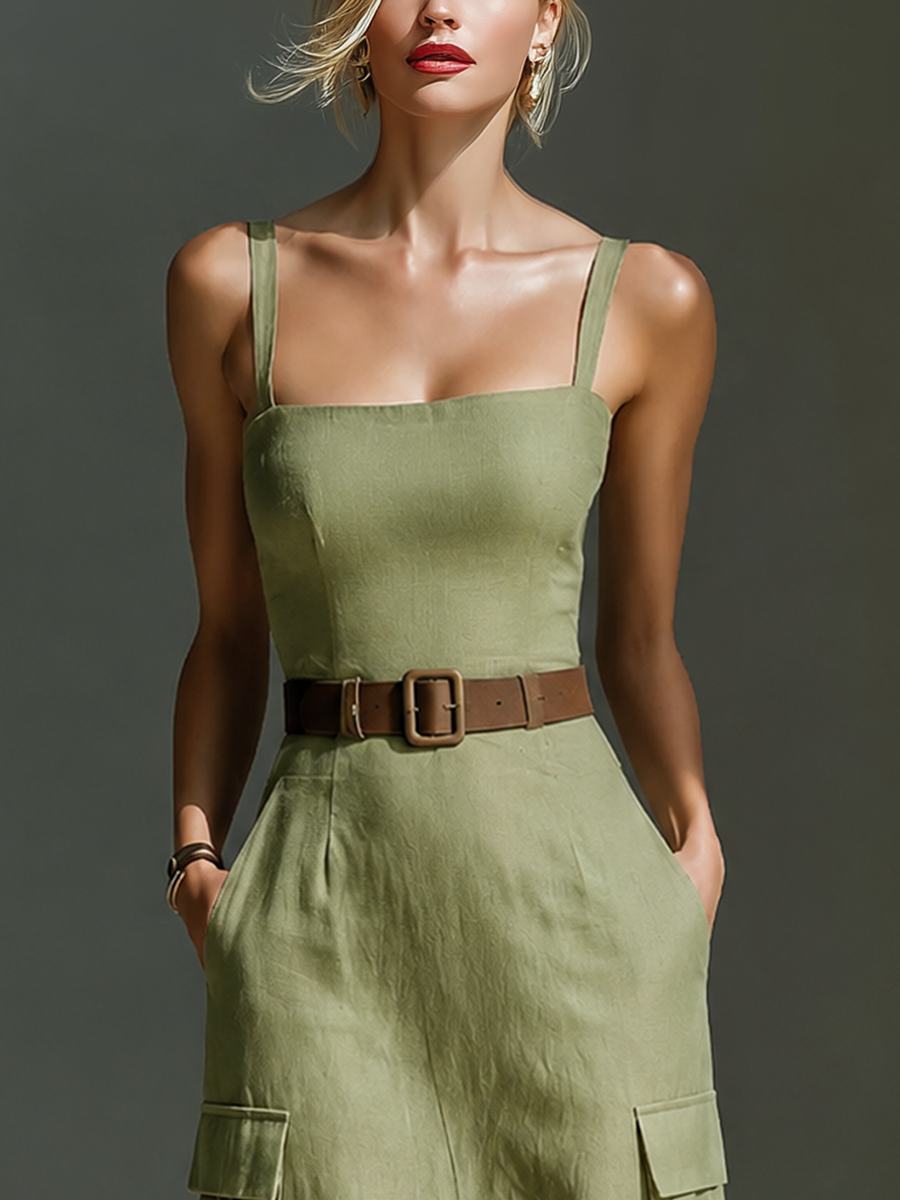 Robe mi-longue pour femmes en vert olive en lin sans manches avec poches cargo et taille avec ceinture MDZ2753A1T