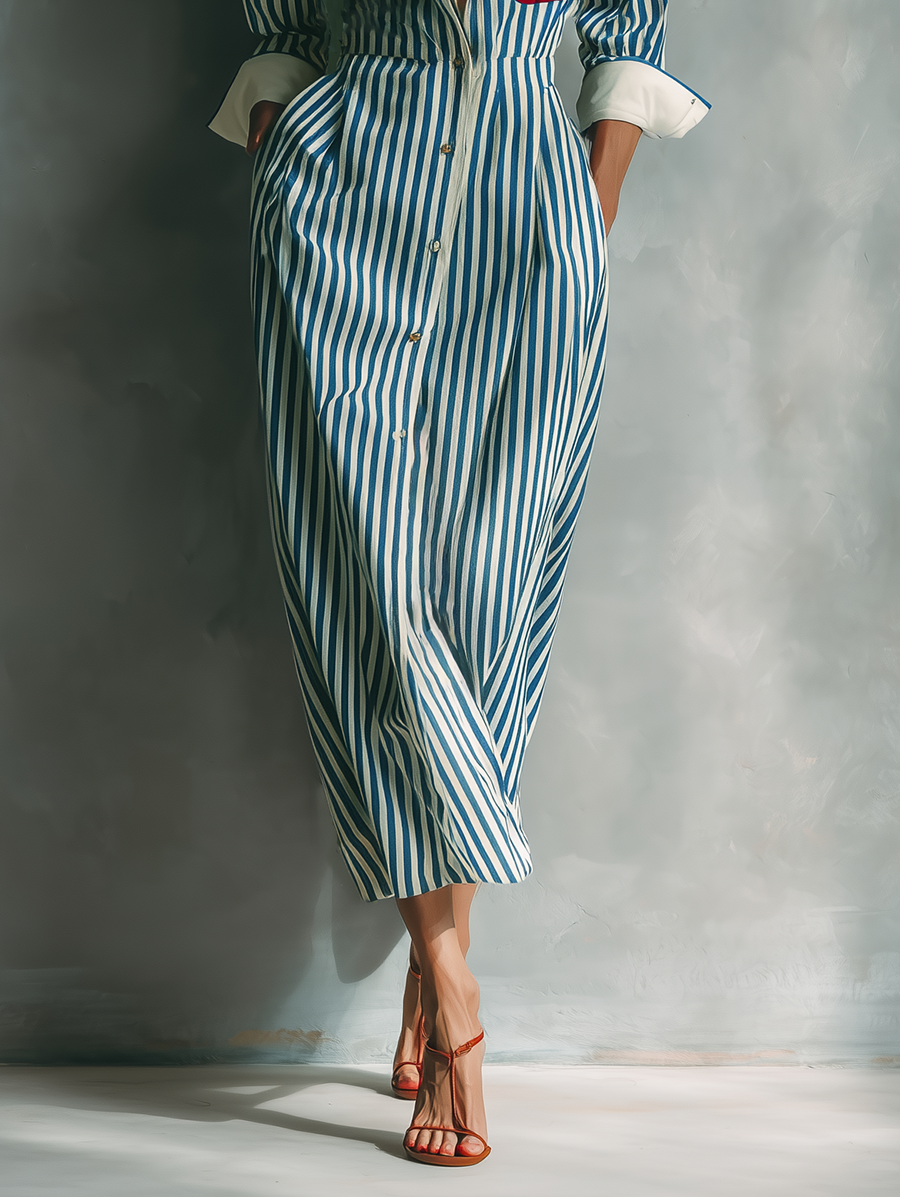 Robes chemises rayées en bleu et blanc pour femmes avec poche poitrine rouge MDZ1286C2T