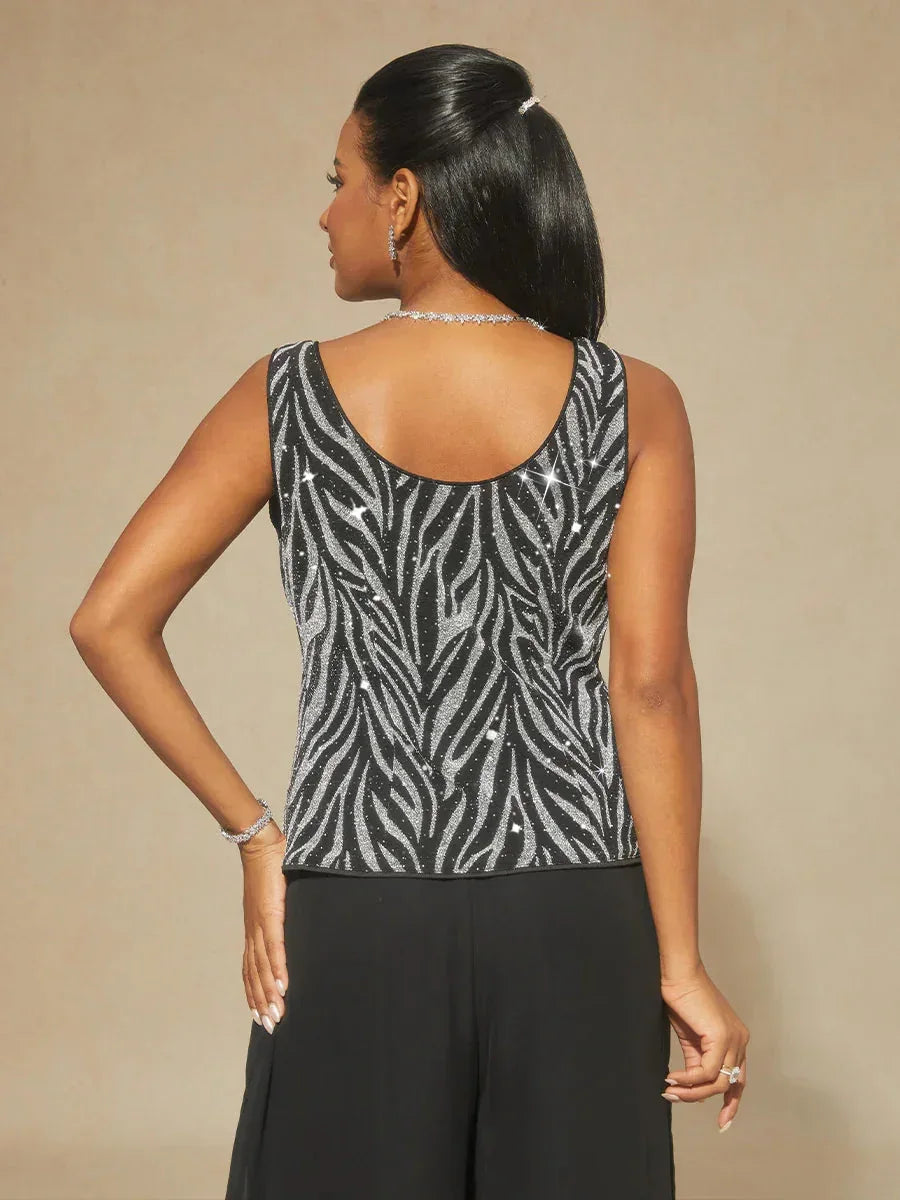 Twinset avec col mandarine et motif zèbre orné de diamants