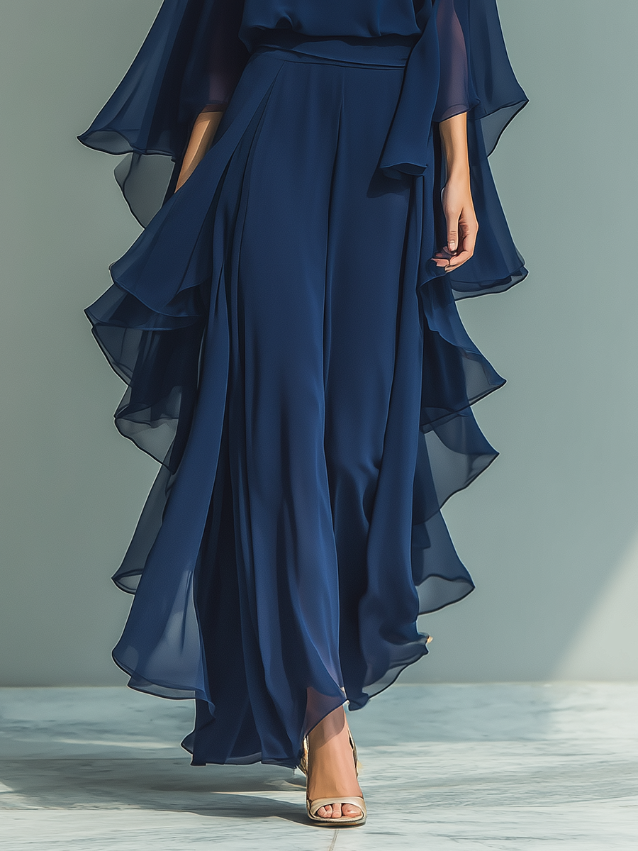 Chemisier en chiffon pour femmes en bleu Navy avec des manches évasées et un pantalon droit avec des détails plissés MDZ2218A5T