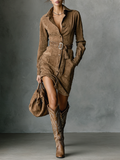 Robe midi à manches longues, un bouton, col à revers, en mélange de laine tendance pour femmes MDA1867H7Y