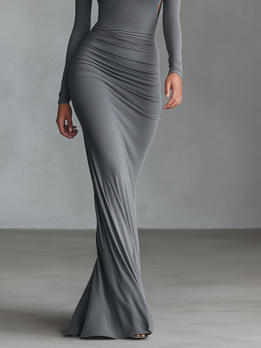 Robe maxi femme élégante grise en taille ajustée - mélange de polyester-coton avec dos ouvert MDA2860H8I