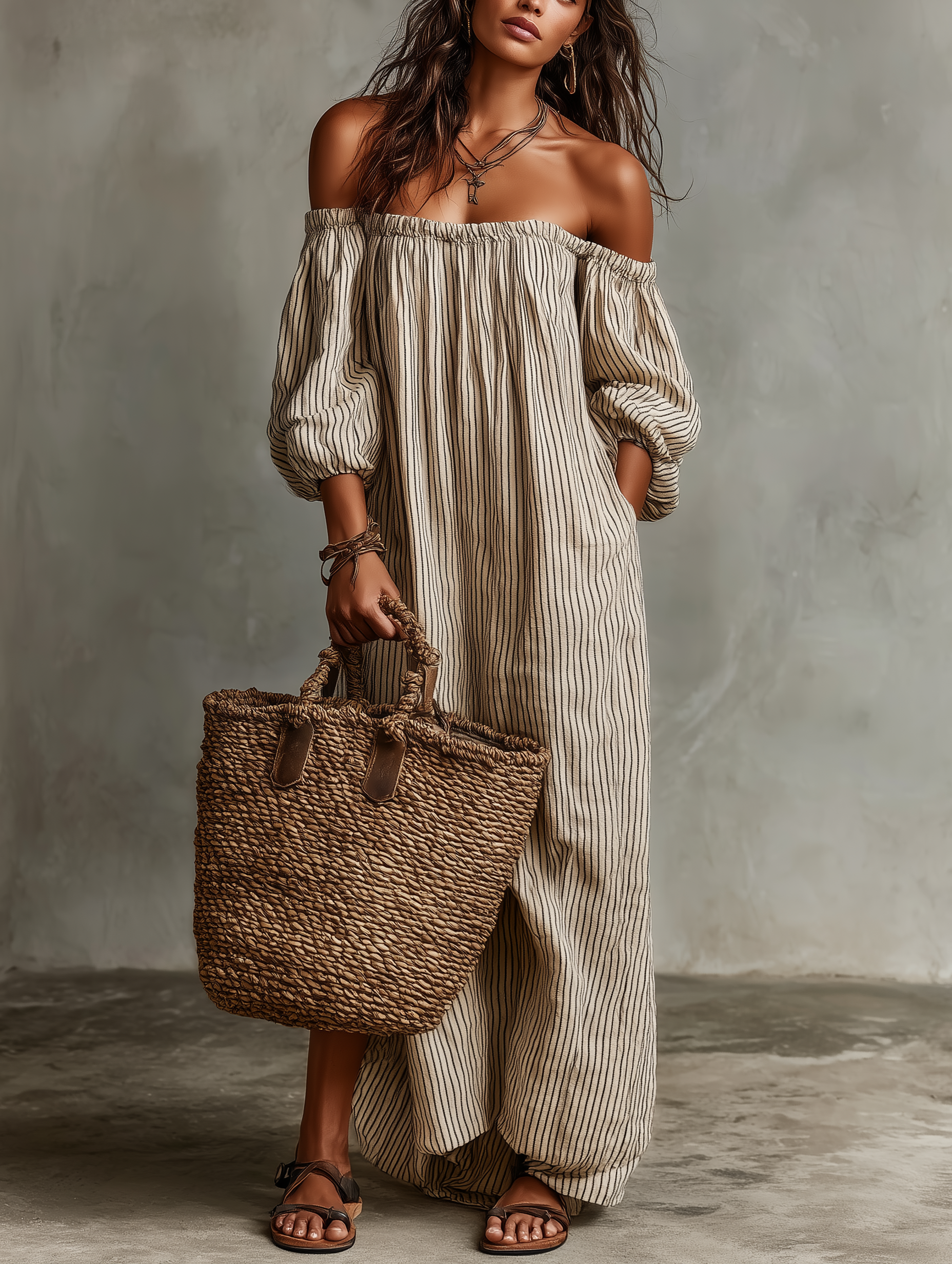 Robe maxi longue avec manches longues et épaule dénudée pour femmes en tissu coton-lin MDZ0481B5Y