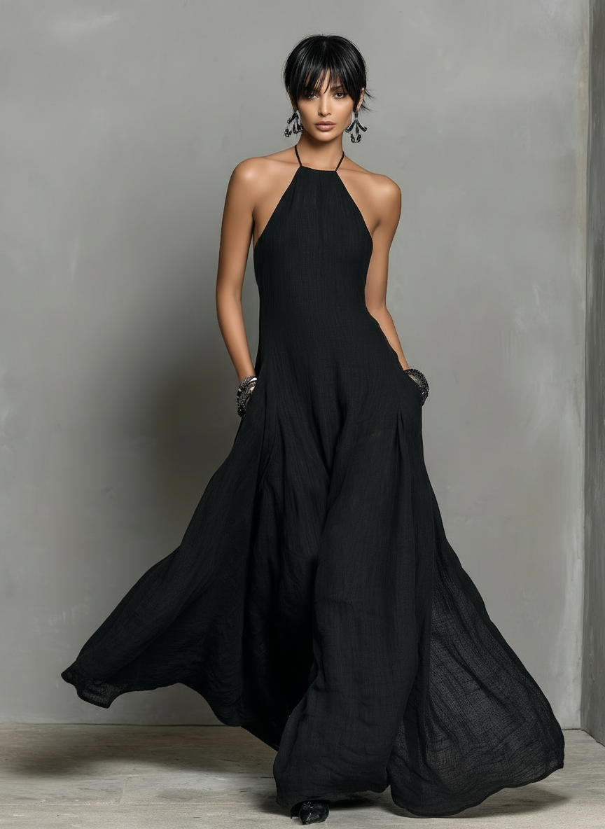 Robe maxi sans manches avec col halter en mélange de lycra pour femmes MDZ2210A0Y
