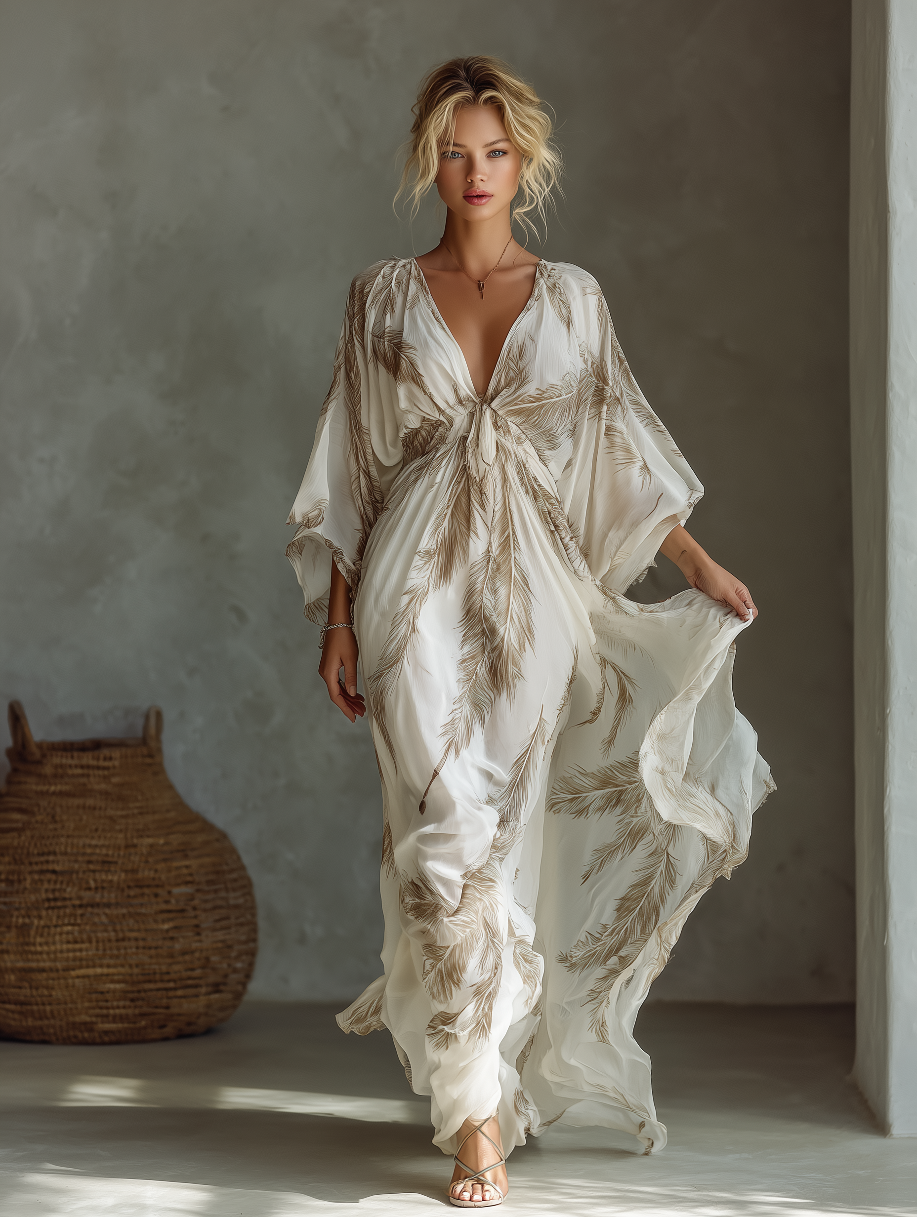 Robe maxi femme en ivoire et top avec manches dolman, devant enroulé et motif de feuilles de palmier MDZ0332B6T