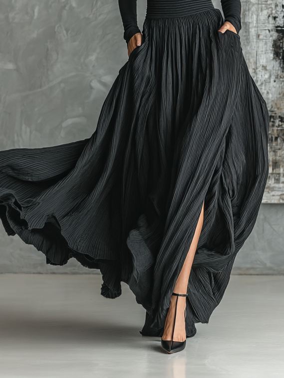 Ensemble t-shirt à col montant et robe plissée pour femmes en noir MDA1366H1Y