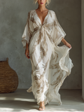 Robe maxi femme en ivoire et top avec manches dolman, devant enroulé et motif de feuilles de palmier MDZ0332B6T