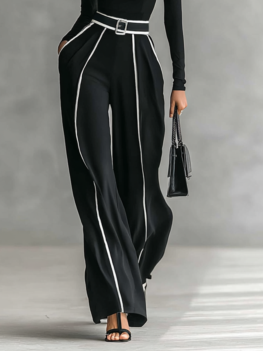 Ensemble de deux pièces pour femmes avec col montant, manches longues, pantalons larges et ceinture