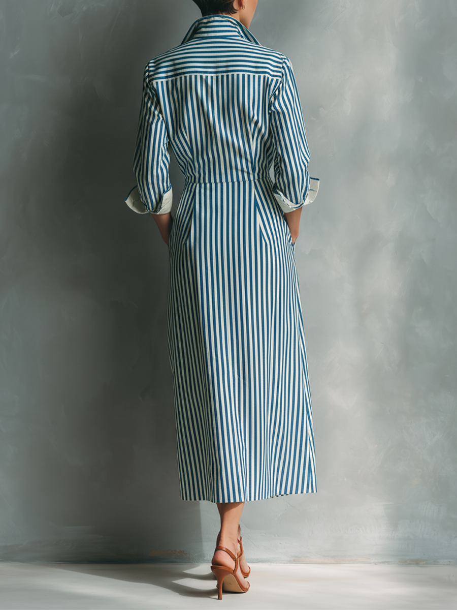 Robes chemises rayées en bleu et blanc pour femmes avec poche poitrine rouge MDZ1286C2T