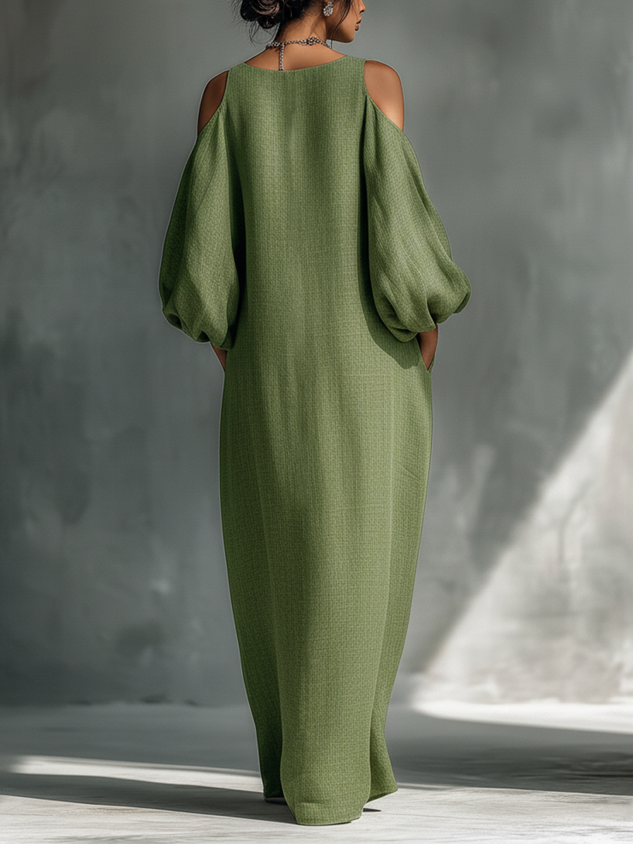 Robe maxi verte clair pour femmes avec épaules dénudées, manches bouffantes et poches latérales MDZ1004B7T