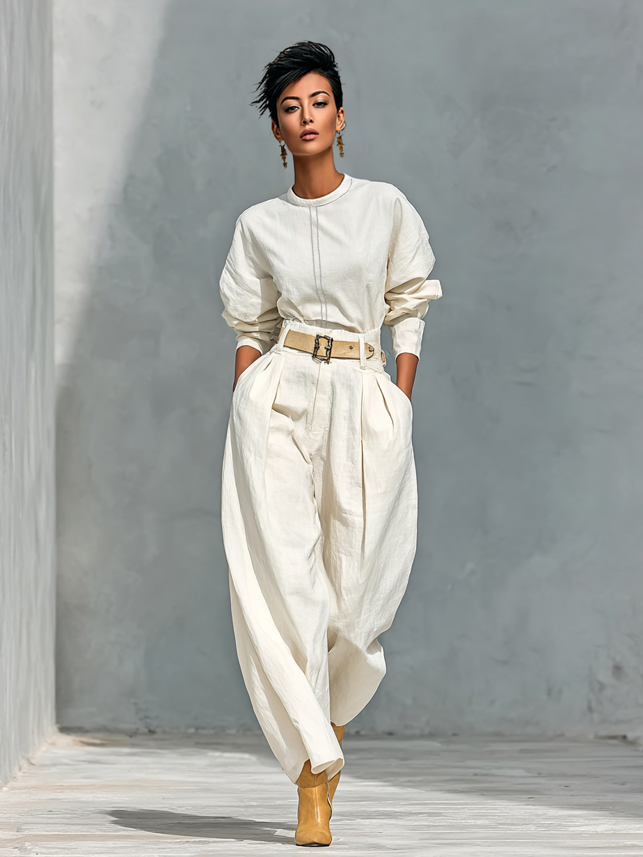 Ensemble de chemise à manches longues avec col rond et pantalon large en mélange de coton et lin pour femmes (ceinture non incluse) MDA2555G6Y