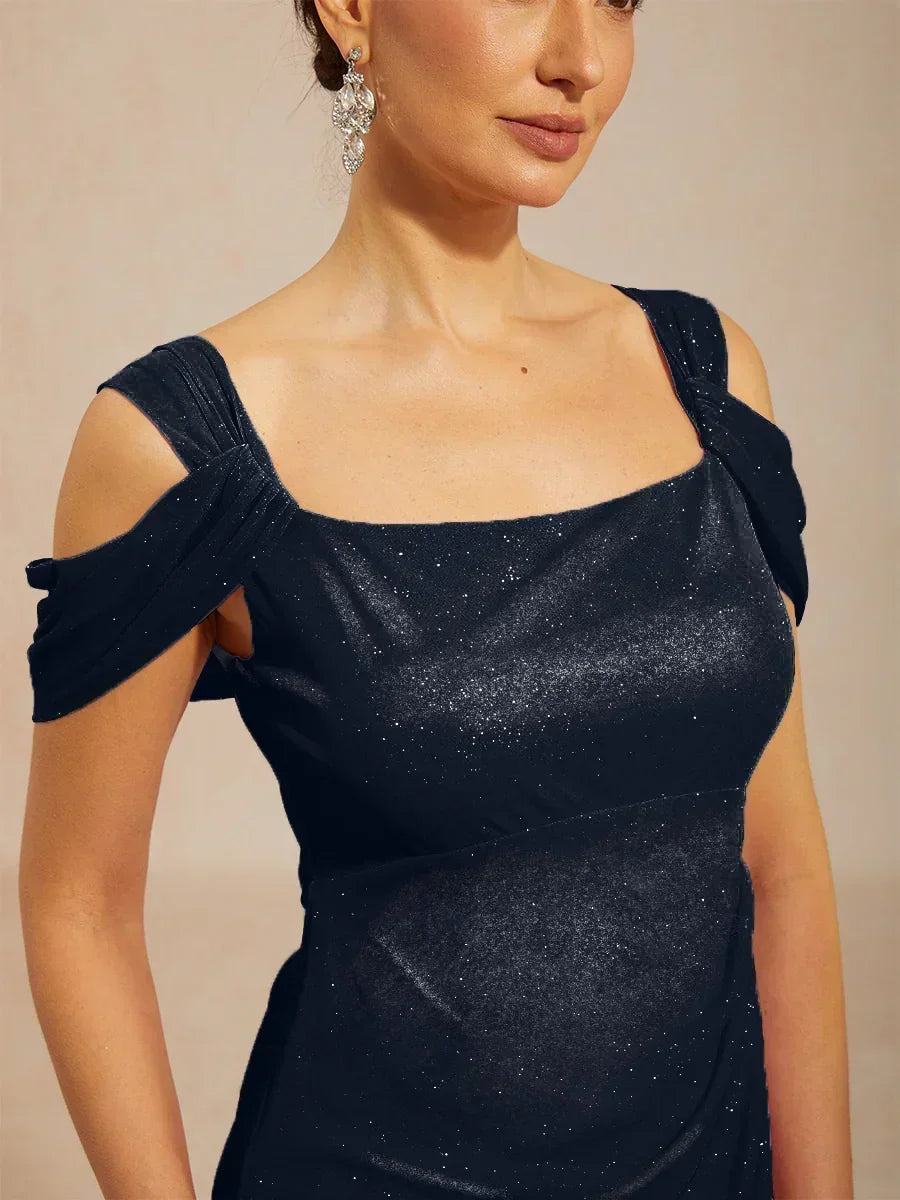 Robe en tulle scintillant à longueur cheville avec épaules dénudées