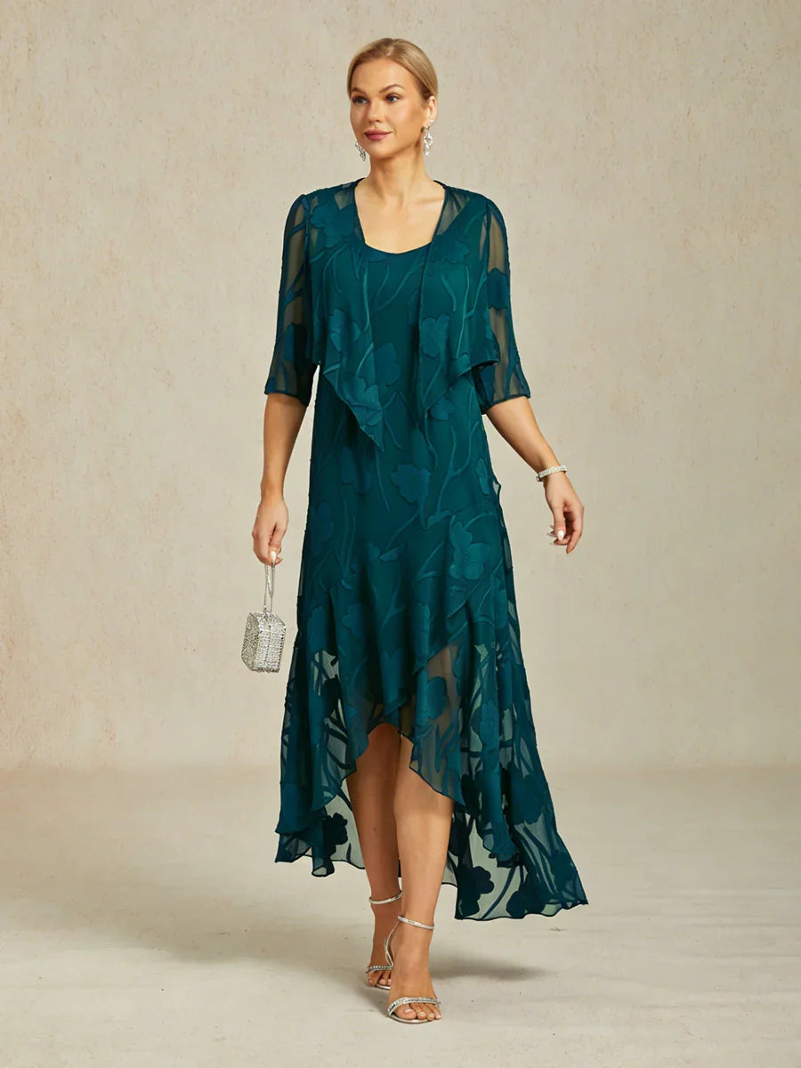 Robes de soirée sans manches en chiffon floral avec des bords asymétriques