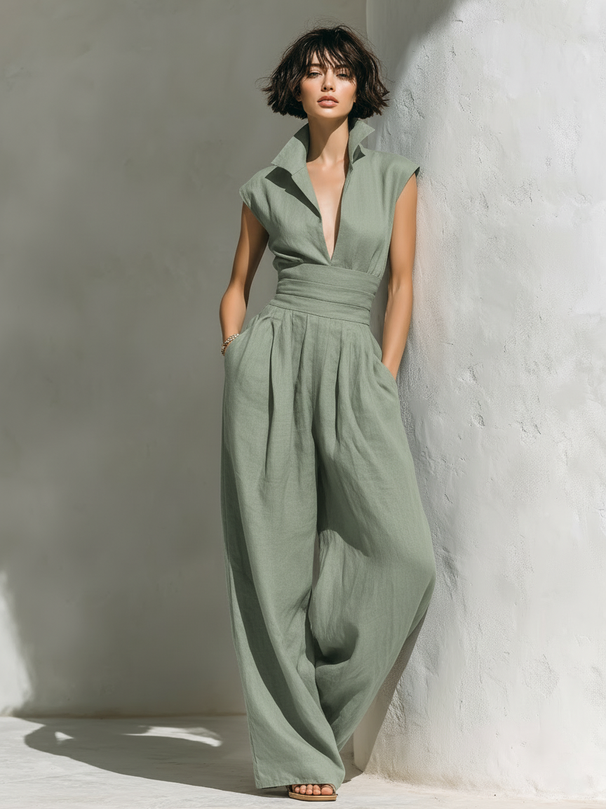 Combinaison en lin minimaliste pour femmes avec manches courtes et jambes larges MDZ0863A5Y