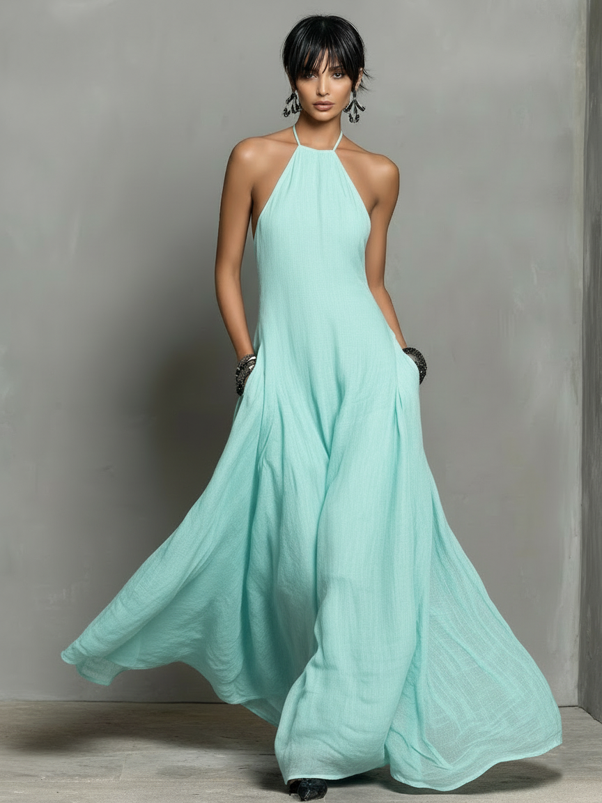 Robe maxi sans manches avec col halter en mélange de lycra pour femmes MDZ2210A0Y