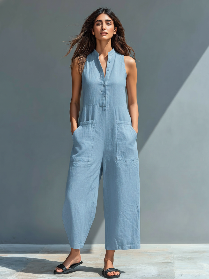 Ensemble femme minimaliste en lin avec boutons, col rigide, sans manches, ample MDZ2725A5Y