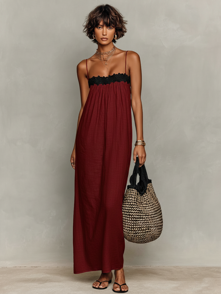 Robe maxi pour femmes minimaliste en lin avec des panneaux en dentelle sans bretelles et bretelles spaghetti MDZ1926C9Y