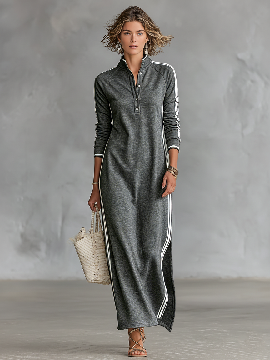 Robe maxi avec col à boutons style pull pour femmes avec bords blancs MDA0958L0Y