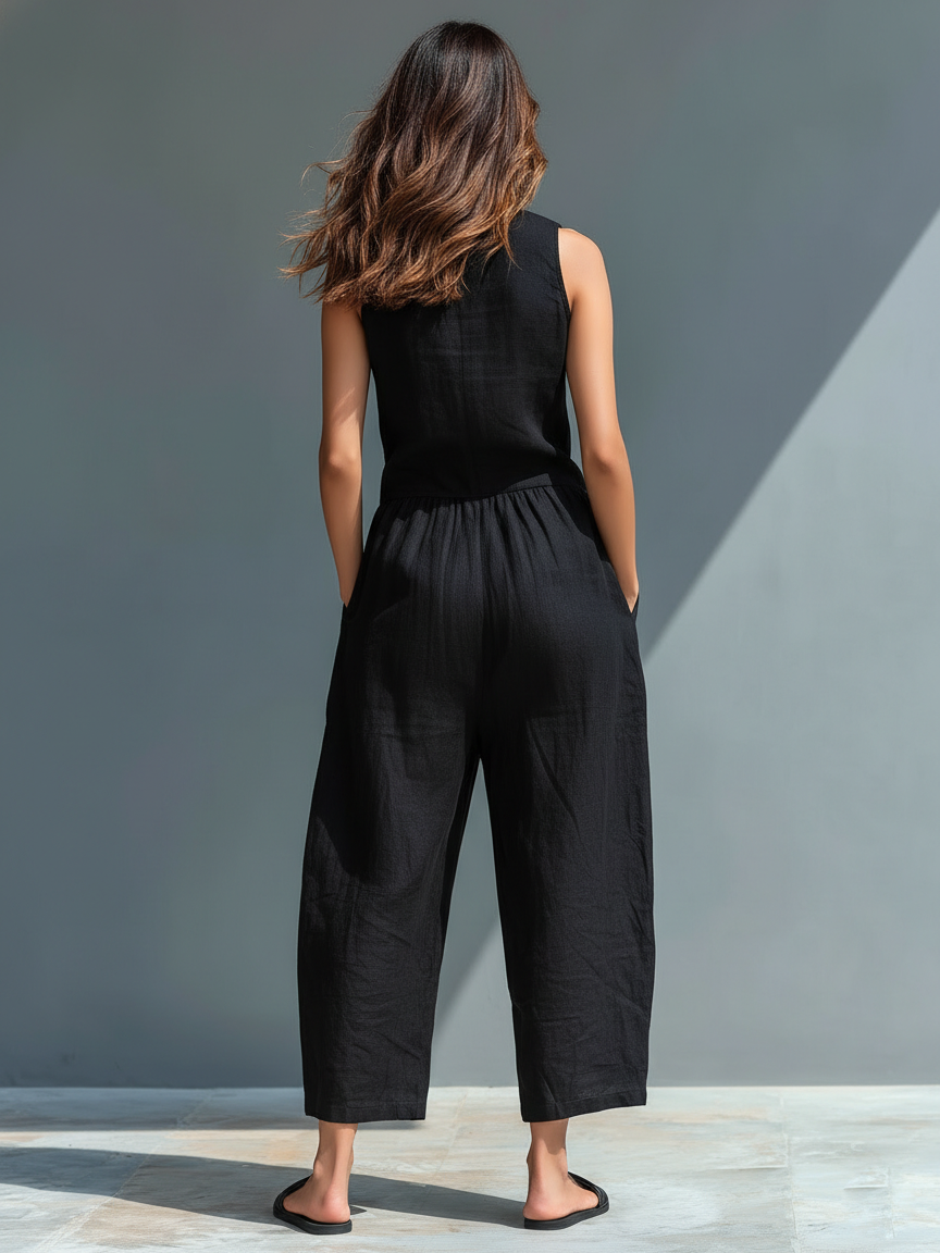 Veste minimaliste pour femmes en lin avec boutons, col montant, sans manches, coupe large