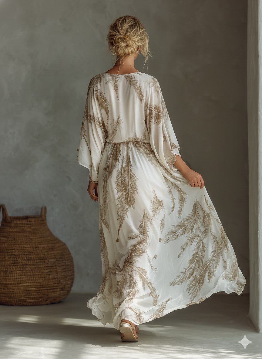 Robe maxi femme en ivoire et top avec manches dolman, devant enroulé et motif de feuilles de palmier MDZ0332B6T